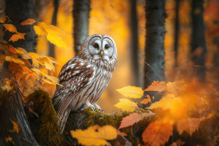 Fall in the woods with an owl. The Ural Owl, Strix uralensis, is sitting in an oak forest in Norway on a branch with orange leaves. Scene of wildlife in the wild. Generative AIの素材