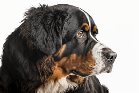 Studio portrait of a black Bernese Mountain Dog with a thoughtful expression against a white background. Generative AIの素材