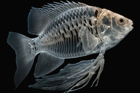 Fish with clear skin can see right through the bones of other fish. On a black background is a Halloween animal. Generative AIの素材