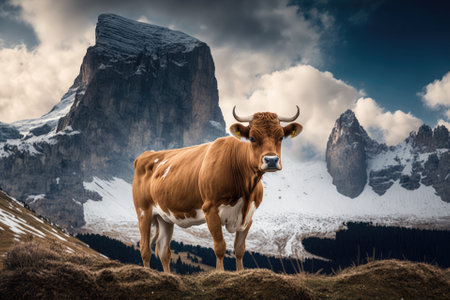 Scotland cow mountain peak italy dolomites snow grass nature wildlife rural alps photography. Generative AIの素材