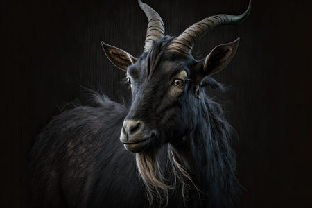 A black goat with long, curved horns on a black background. Generative AIの素材