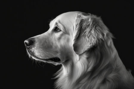 A golden retriever is shown in black and white against a black background. Profile picture of a dog. Generative AIの素材
