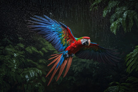 A red and blue macaw parrot flies through dark green plants as rain falls and beautiful light shines from behind. Scarlet Macaw, Ara macao, in tropical forest, Costa Rica. Scene of wildlife in the tro. Generative AIの素材