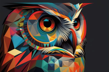 A bright and colorful abstract portrait of an owl in the style of Kandinsky and the Bauhaus art movement. Generative AIの素材