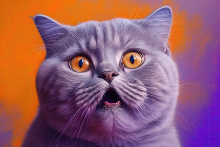 A British cat with lilac fur looking up. The cat looked mad and opened his mouth. The idea of an animal that is amazed or surprised. The shape of a cat on a coral colored background by itself. Generative AIの素材