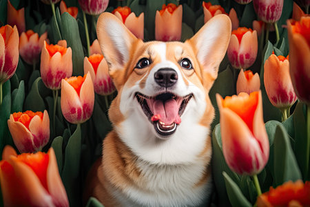 A happy, funny corgi dog peeks out of tulips with its mouth open. Background of spring flowers. Generative AIの素材
