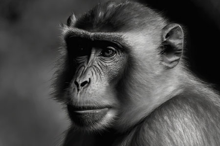 A close up, black and white portrait of a Gibraltar Barbary Macaque. Generative AIの素材