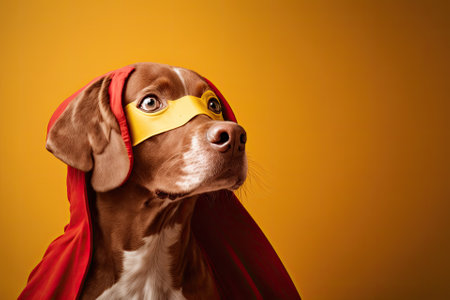 Adorable dog in a red cape and mask like a superhero on a yellow background. Generative AIの素材