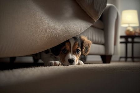 At home, a cute puppy dog is hiding under the sofa. Generative AIの素材