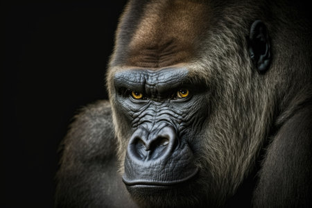 A lovely picture of a gorilla. Male gorilla on black background, closeup face of a gorilla. Generative AIの素材