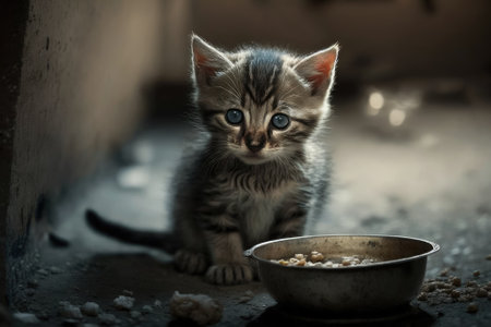 A young homeless cat eats at a shelter for animals. A picture of a stray kitten. Generative AIの素材