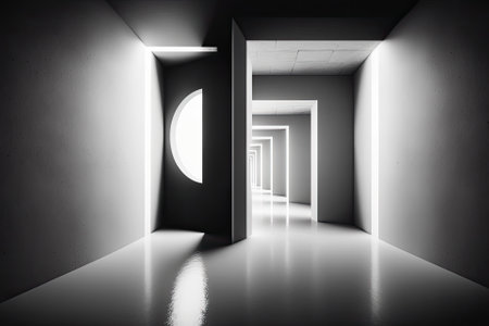 Abstract futuristic corridor with a vacant floor and room with lighting for the product showcase, space, interior, and display. Modern Future interior design concept with cement floor and walls. Generative AIの素材