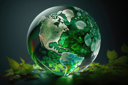 April 22. Crystal earth globe with a cheerful backdrop. Save the planet day, the environment, and ecology. Green enterprises that rely on renewable energy can reduce climate change and global warming. Generative AIの素材