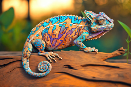 Beautiful color of the chameleon panther, chameleon panther on wood with natural background. Generative AIの素材