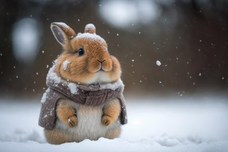 A fluffy rabbit dressed for winter stands in the snow on a winter day. Generative AIの素材