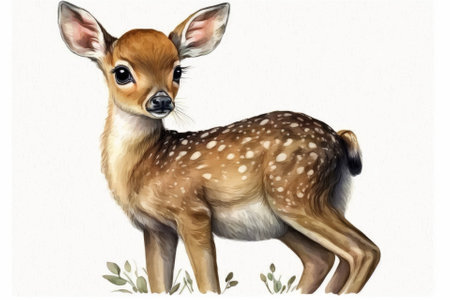 Baby Deer. Hand drawn cute fawn with a bow. Isolated cartoon drawing on white. Painting with watercolors. Generative AIの素材