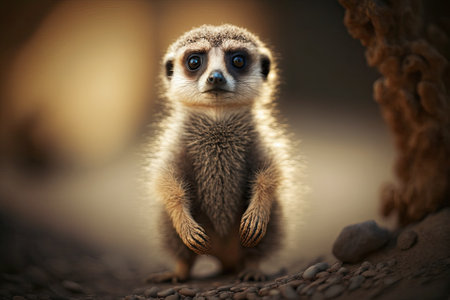 Beautiful small meerkat stands on its back legs and looks into the camera. Generative AIの素材