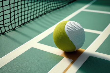 Ball next to the lines on a paddle tennis court. Racket sport concept. Generative AIの素材