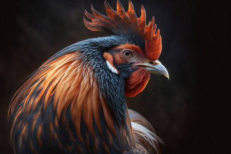 Beautiful picture of a rooster with orange feathers. Generative AIの素材