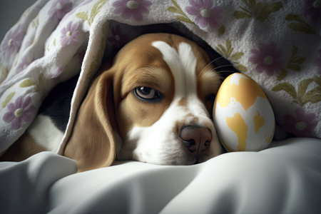 A painted egg and a beagle puppy with Easter bunny ears snooze on a bed at home under a cozy white blanket. Generative AIの素材