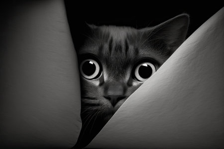 Close up A dark grey cat with big eyes peeks out from behind a sheet of white paper in this black and white picture. Copy, space for writing. Generative AIの素材