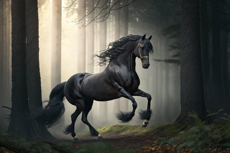Beautiful action picture of a Friesian horse in a forest. Generative AIの素材