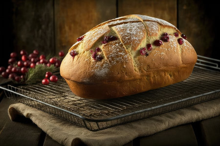 Bread loaf with cranberries on a cooling rack. Generative AIの素材