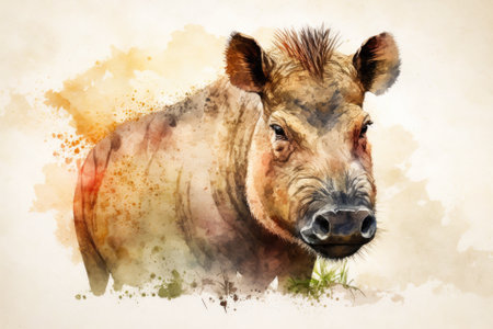 Africa watercolor savanna animal drawing of a cute and funny warthog. African Safari animals face portrait of a king lion. White poster design by itself. Generative AIの素材