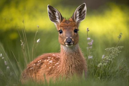 Capreolus capreolus, a young wild roe deer in the grass. Young roe deer in the wild in the spring. Generative AIの素材