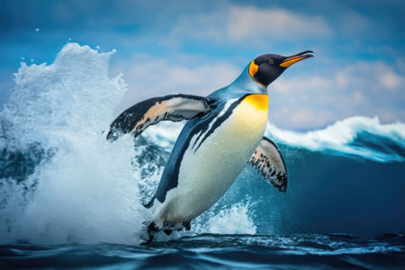Bird flying free in the water. Big King penguins on Falkland Island jump and dance out of the blue water after swimming through the ocean. Scene of wildlife in the wild. The ocean has a funny picture. Generative AIの素材