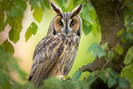 Asio otus, a long eared owl, in a linden tree. Generative AIの素材