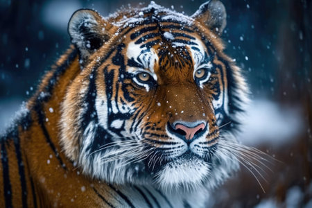 Beautiful picture of a wild Siberian tiger with blue eyes on snow. Generative AIの素材