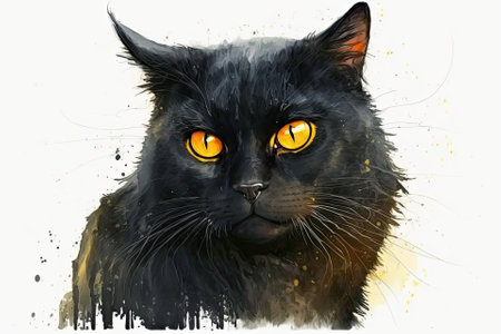 Animal black cat. Painting with watercolors. Funny animal with dark fur that was drawn by hand. A cartoon of a black cat. A Halloween sign. Yellow eyes on a cute, fluffy cat on a white background. Generative AIの素材
