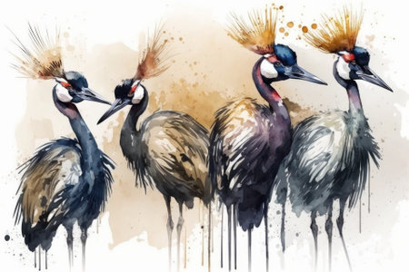 Crowned cranes, bird flock of cranes on white background, watercolor illustration. Generative AIの素材