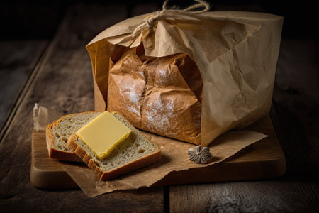 Butter is applied with the on whole grain bread. Close up of fresh bread. Slices of made bread on a background made of industrial wood and a juta bag. the idea of a traditional bakery and healthy eat. Generative AIの素材