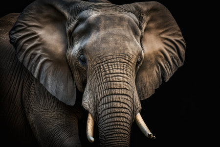 Close up view Elephant. Animal in the wild, set against a black background. Generative AIの素材