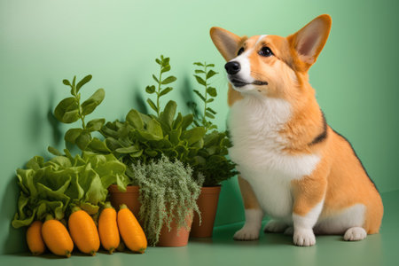 Cute Corgi dog with herbs and vegetables near a color wall. Generative AIの素材