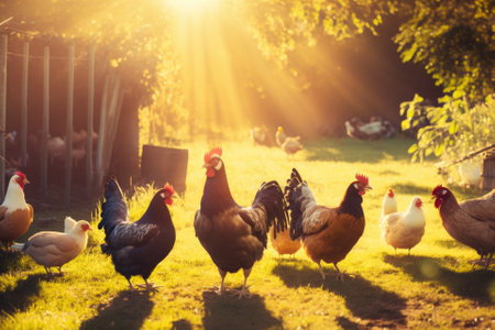 Chickens in a country yard. Hens and chickens on a farm in the grass, lit by the sun. Gallus gallus domesticus. Organic farm with chickens. Sustainable economy. Chickens with free range in a country y. Generative AIの素材