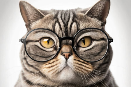 Close up picture of a Scottish Straight cat with glasses, on a white background. Generative AIの素材