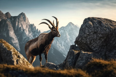 Capra ibex (Ibex) in the mountains. The animals and plants of Europe. Walking in Slovenia. Generative AIの素材