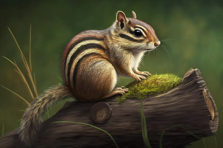 Chipmunk is perched on a dead tree trunk. Eats the brown chipmunk. Grass and leaves are green. genuine daylight. Generative AIの素材
