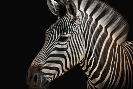 Detail of zebra portrait in color on a black background. A picture used for advertising. Popular african animal. Generative AIの素材