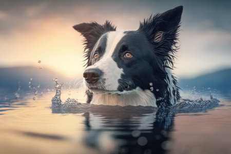 Border collie dog in the lake water. Generative AIの素材