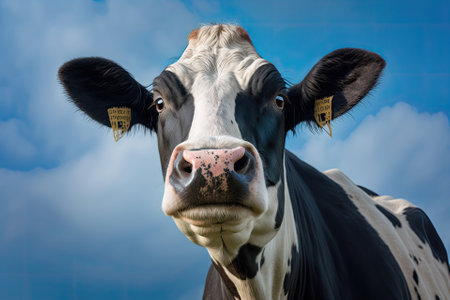 Cow looking friendly, portrait of a calm and mature bovine, gentle look, pink nose, medium shot of a black and white cow in front of a blue sky. Generative AIの素材