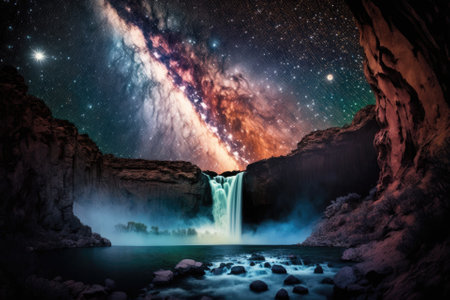 Colorful waterfall with milky way. Generative AIの素材
