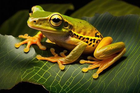 Cruziohyla calcarifer, a green yellow frog with golden eyes, is a leaf climbing species found in Corcovado, Costa Rica. Amphibian of the tropics. Central American fauna. Generative AIの素材