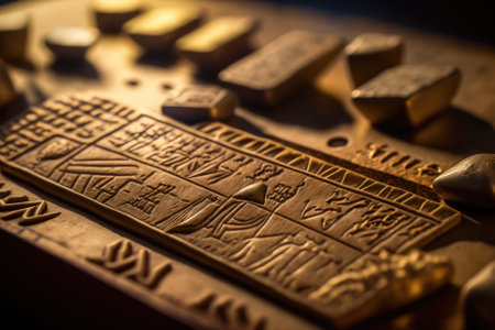 Egyptian hieroglyphs on a historical reproduction are captured in close up, selective focus, and shallow depth of field (SDF) shots. Generative AIの素材