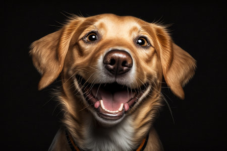 Close up portrait of a beautiful dog with a big smile, isolated on a black background. His mouth is wide open, and his tongue is sticking out. studio shot. Generative AIの素材