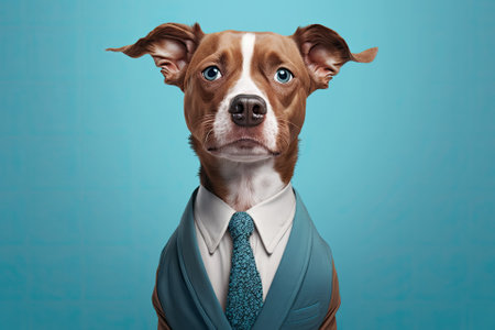Confused dog face in a suit looks dumbfounded and shocked. Funny dog worker dressed up. Smiling waiting look. The clothes for pets are the business theme. A blue background with a long, horizontal ban. Generative AIの素材