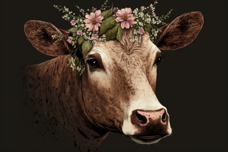 Cow with a flower crown on its head. Picture that was drawn by hand. Generative AIの素材